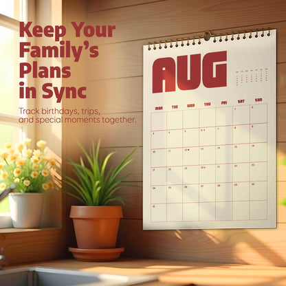 May include: A wall calendar for August with red lettering, hanging on a wooden wall. The calendar grid is visible, with the month's name prominently displayed. Text above the calendar reads "Keep Your Family's Plans in Sync". A potted plant and flowers are in the foreground.