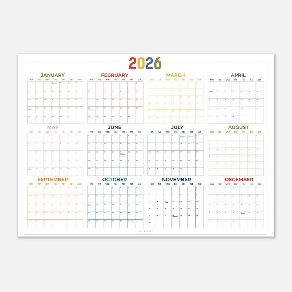 May include: A 2026 yearly calendar with a white background. Each month is displayed in a separate box, with the month's name at the top. The year 2026 is written in colorful letters. The calendar is designed for planning and scheduling.