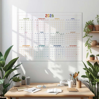 May include: A large 2026 wall calendar with a white background and colorful month headings. The calendar is divided into monthly grids, with each month's name in a different color. The year "2026" is displayed in a rainbow color scheme.