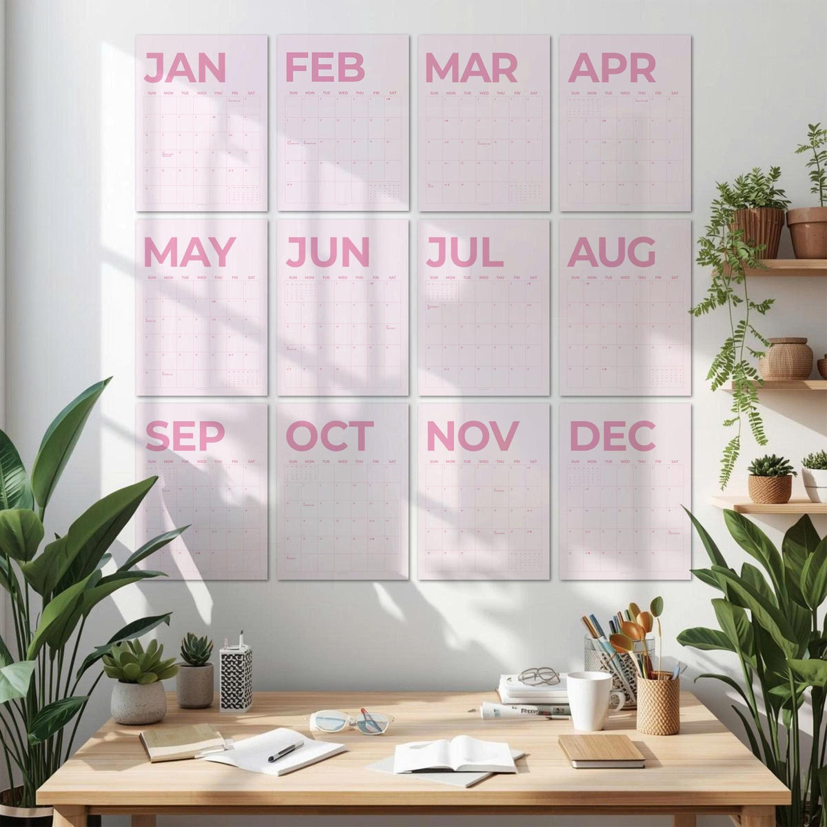 May include: A wall calendar set featuring twelve individual rectangular sheets, each displaying a month from January to December in bold pink lettering. The calendar pages are arranged in a grid of three columns and four rows on a white wall.