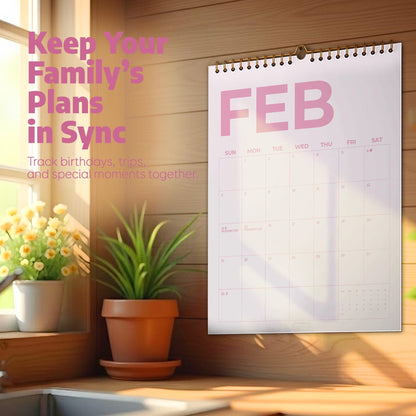 May include: A wall calendar for the month of February with a white background and pink text. The calendar features a spiral binding at the top. The text reads: Keep Your Family's Plans in Sync. Track birthdays, trips, and special moments together.