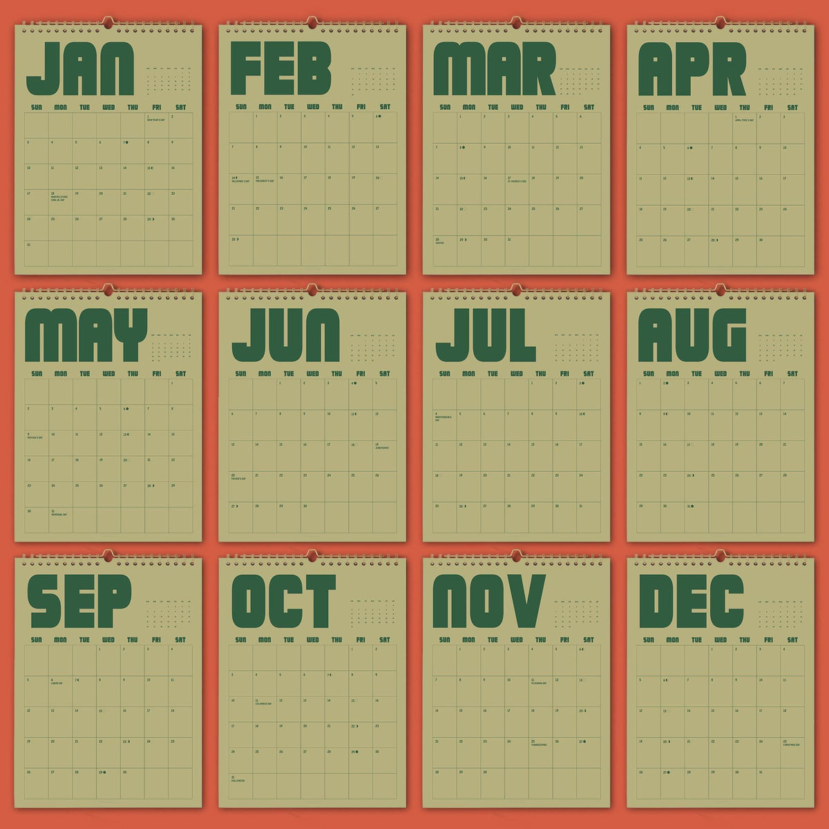 Green Wall Calendar 2027: Retro Style | Monday or Sunday Start