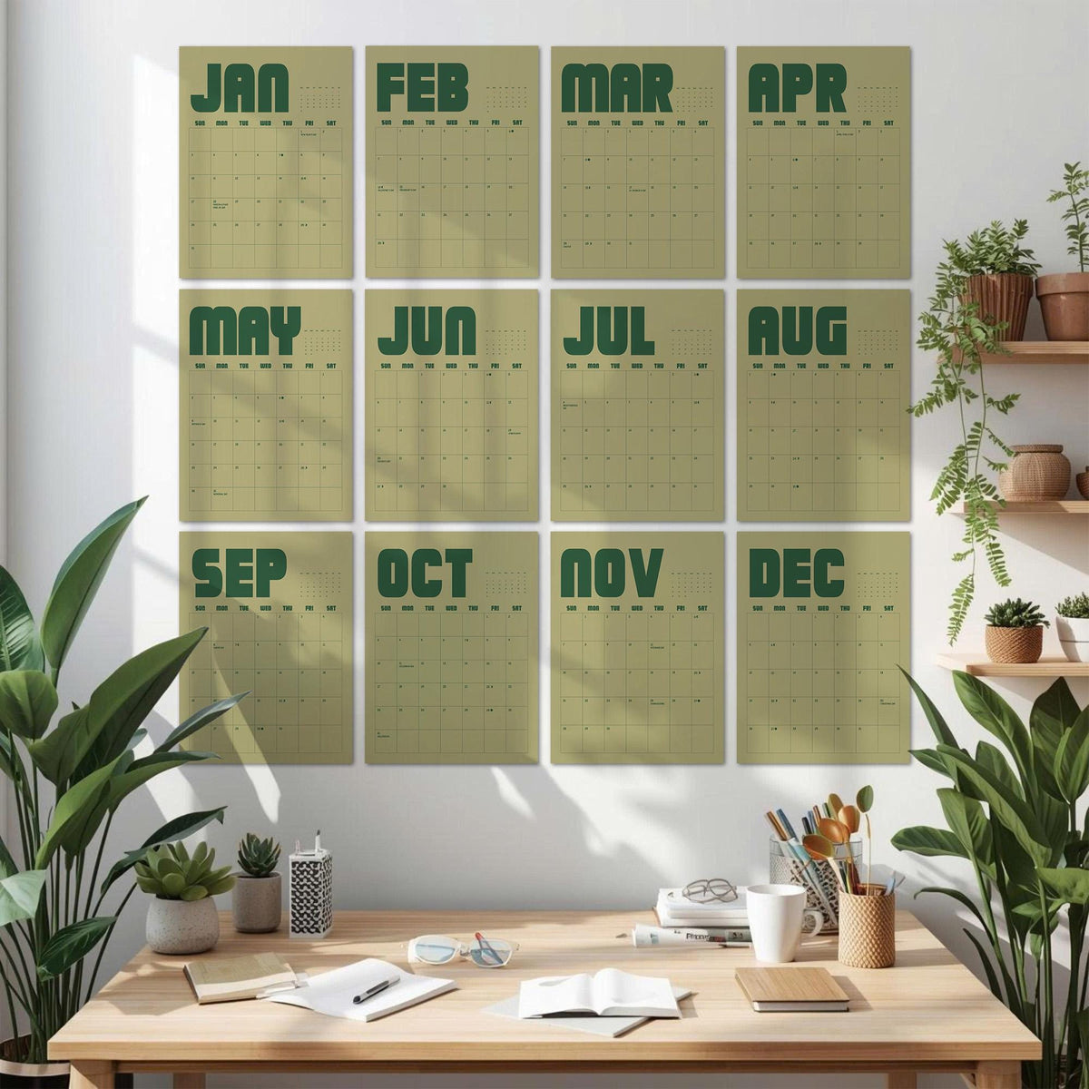 May include: A wall calendar set featuring twelve individual sheets, one for each month from January to December. Each sheet displays the month name in large, bold, dark green sans-serif letters above a grid of days on a light olive background.
