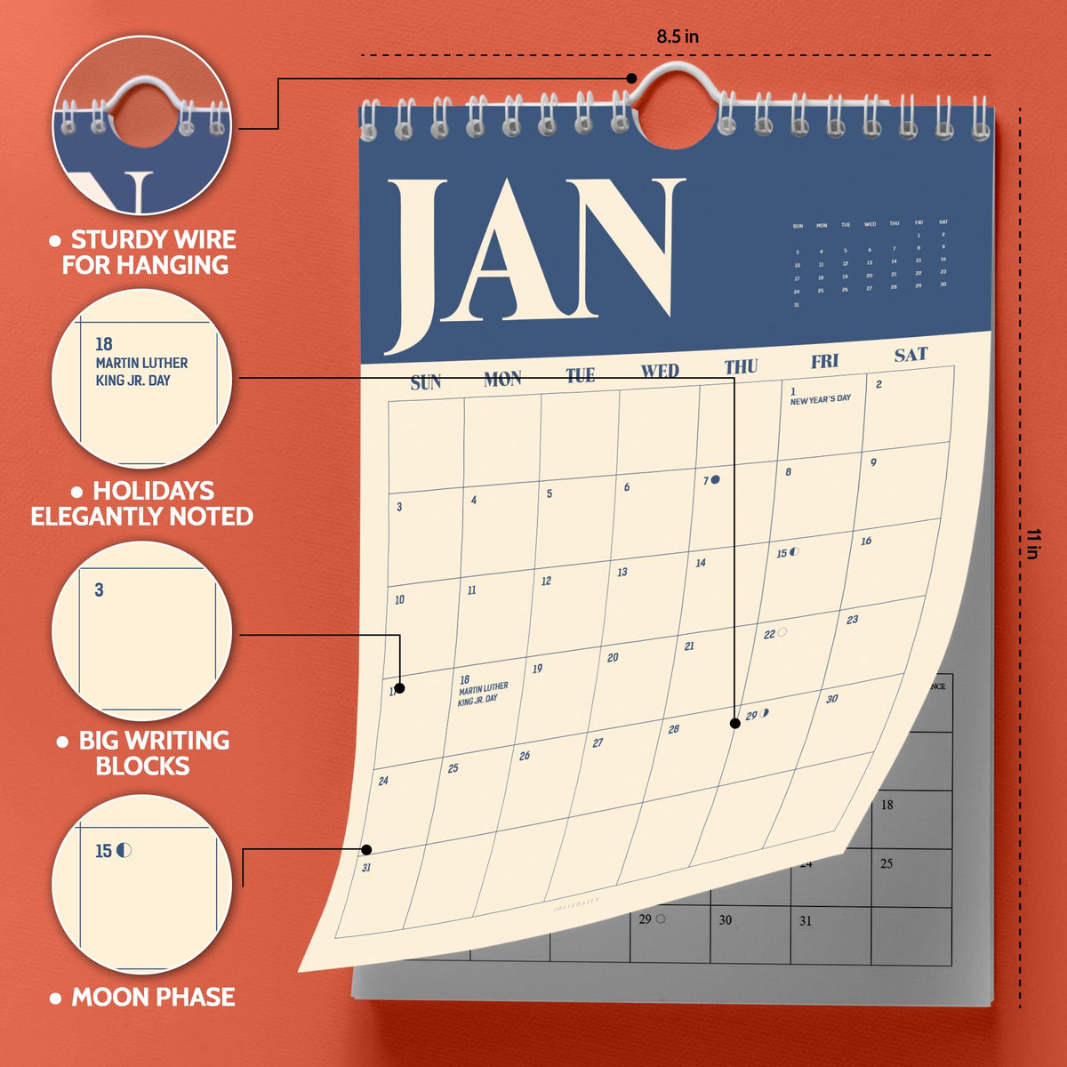 May include: A wall calendar measuring 8.5 inches by 11 inches with a blue header labeled JAN. It features a grid with large writing blocks, noted holidays like Martin Luther King Jr. Day, moon phase icons, and a sturdy wire loop for hanging.