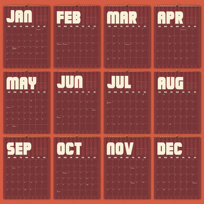 May include: A twelve-month wall calendar featuring a deep maroon background with vertical stripes. Each month is displayed in a separate grid with bold, cream-colored sans-serif lettering for the months JAN through DEC and days of the week.
