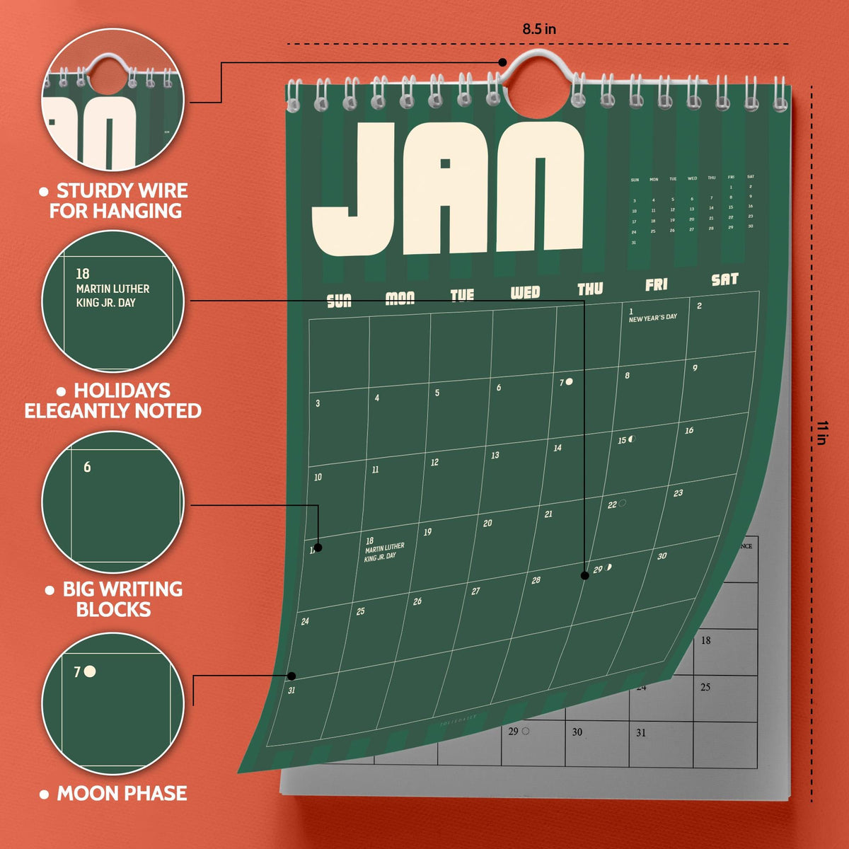 May include: A wall calendar featuring a dark green background with cream-colored text for the month of January. The calendar includes a sturdy wire for hanging, marked holidays like New Year's Day and Martin Luther King Jr. Day, large writing blocks, and moon phases. It measures 8.5 inches by 11 inches.