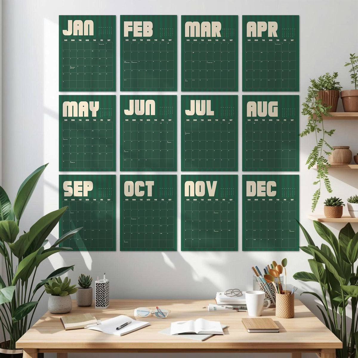 May include: A wall calendar set featuring twelve individual sheets, one for each month from January to December. Each sheet has a dark green background with a subtle vertical stripe pattern, white grid lines, and large white sans-serif text.