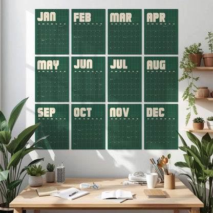 May include: A wall calendar set featuring twelve individual sheets, one for each month from January to December. Each sheet has a dark green background with a subtle vertical stripe pattern, white grid lines, and large white sans-serif text.