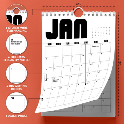 May include: A white wall calendar for January measuring 8.5 inches by 11 inches with black text and grid lines. It features a sturdy wire for hanging, large writing blocks, noted holidays like Martin Luther King Jr. Day, and moon phase icons.