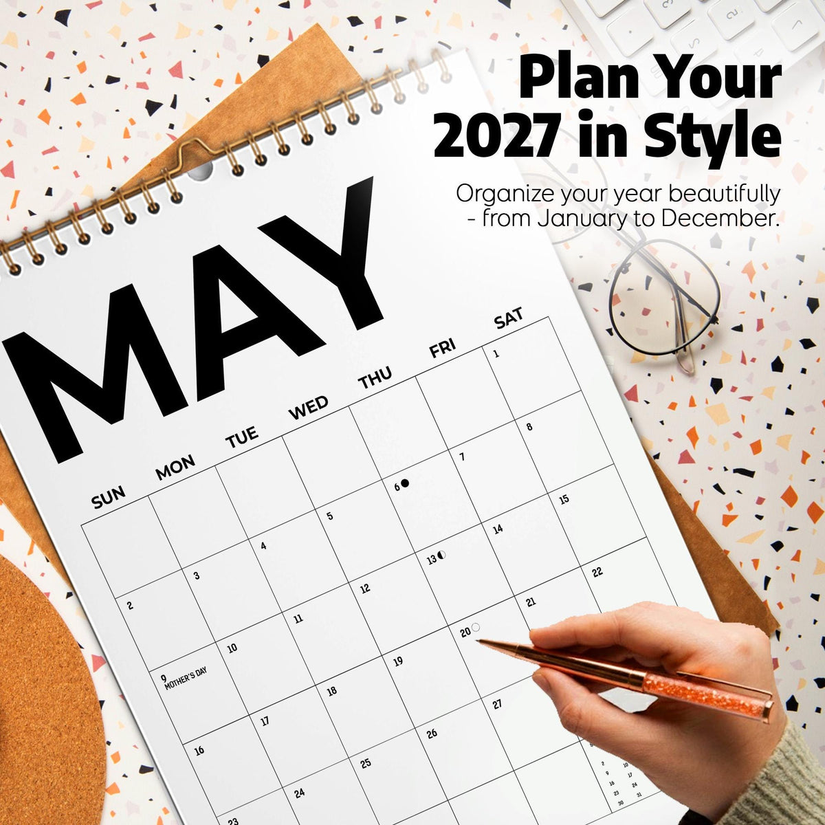 Black & White Wall Calendar 2027: Modern Bold Style | Monday or Sunday Start | Spiral Bound