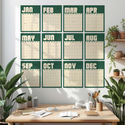 May include: A wall calendar set featuring twelve individual monthly sheets arranged in a grid. Each sheet displays a month name in large, bold, cream-colored letters against a dark green background, with a grid for dates in cream.