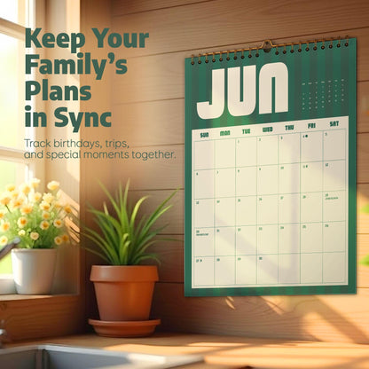 May include: A wall calendar for the month of June featuring a dark green background with white text and grid lines. The calendar displays the month as JUN in large letters at the top, with the text Keep Your Family's Plans in Sync visible nearby.