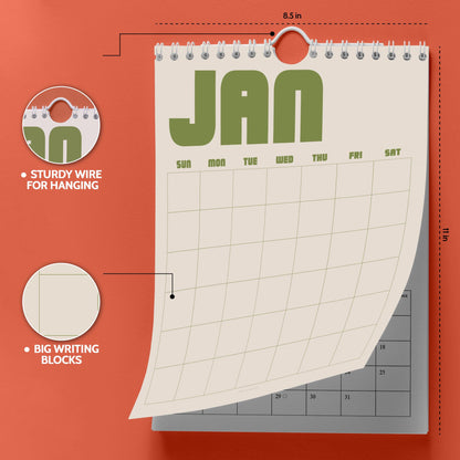 May include: A wall calendar measuring 8.5 inches by 11 inches with a cream-colored page showing the month of January in large green letters. It features a sturdy wire binding for hanging and a grid layout with large writing blocks for dates.