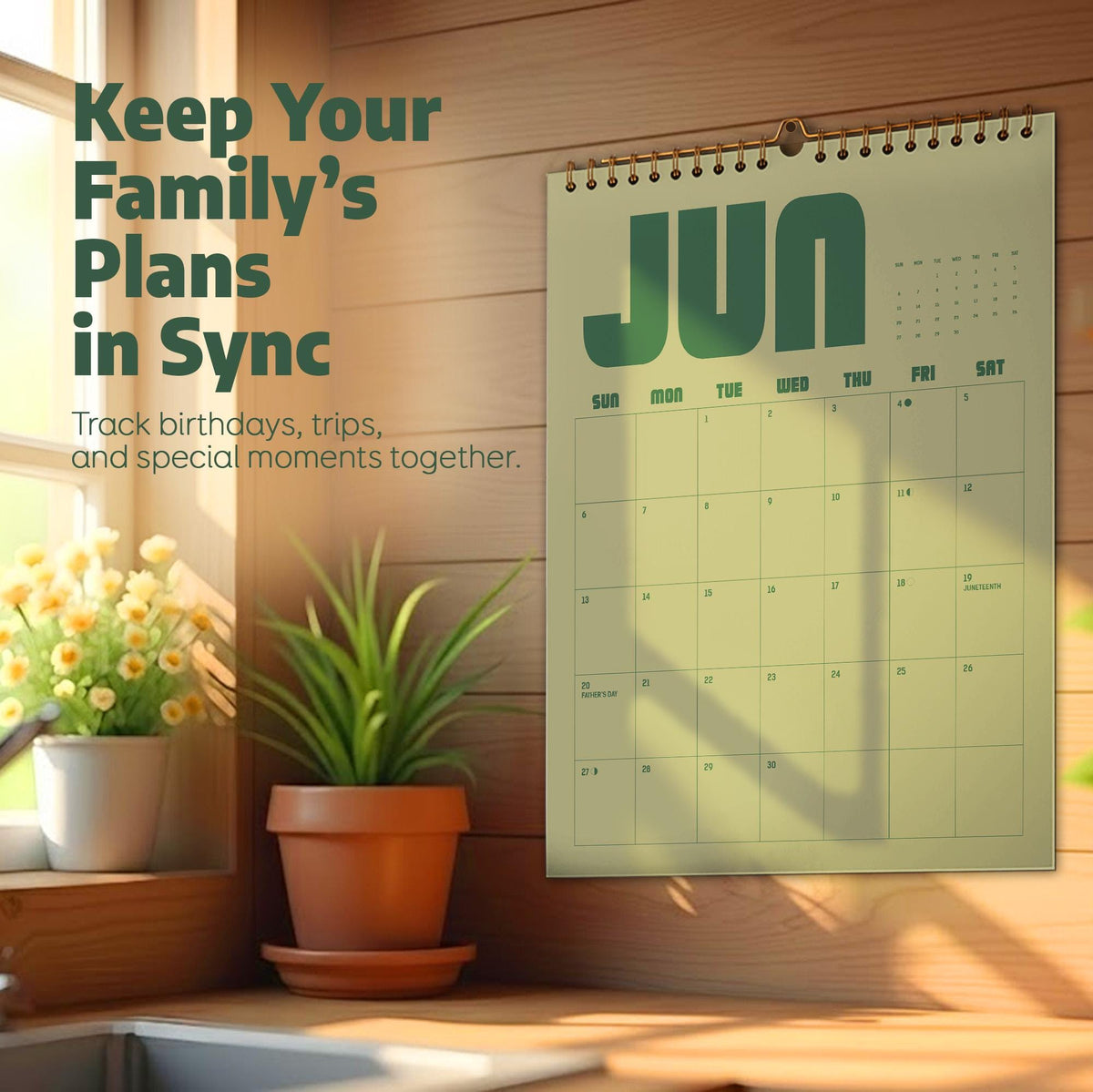 May include: A wall calendar for the month of June with a light green background and dark green text. The calendar features a grid layout for days of the week and dates, with a spiral binding at the top. The text reads Keep Your Family's Plans in Sync.