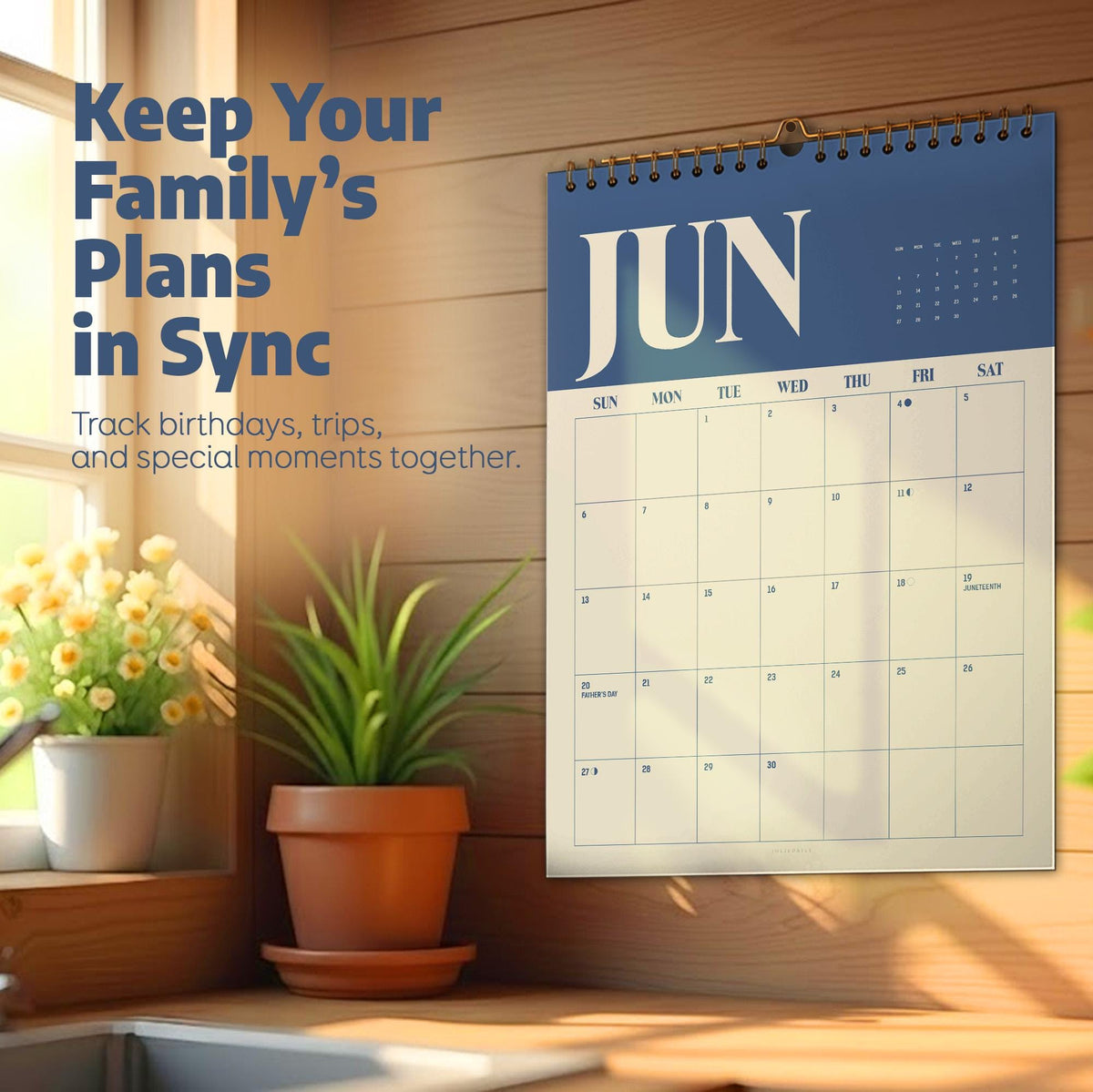 May include: A wall calendar for the month of June featuring a dark blue header with the text JUN and a grid of days. The calendar includes the text Keep Your Family's Plans in Sync and Track birthdays, trips, and special moments together.