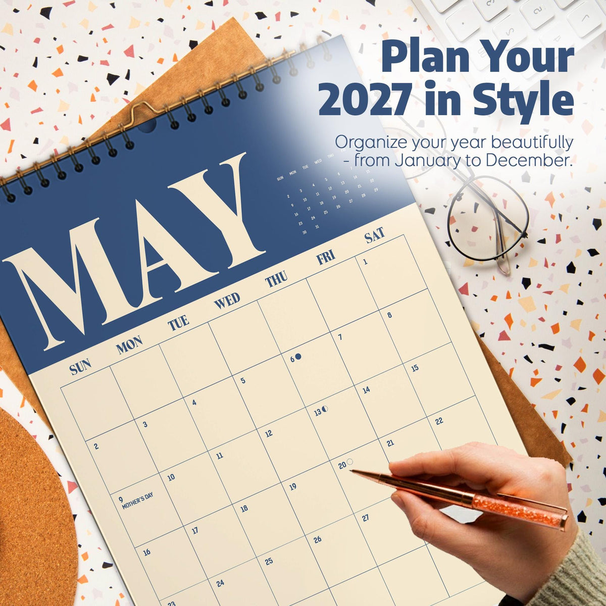 Blue & Cream Wall Calendar 2027: Classic Vintage Style | Monday or Sunday Start | Spiral Bound