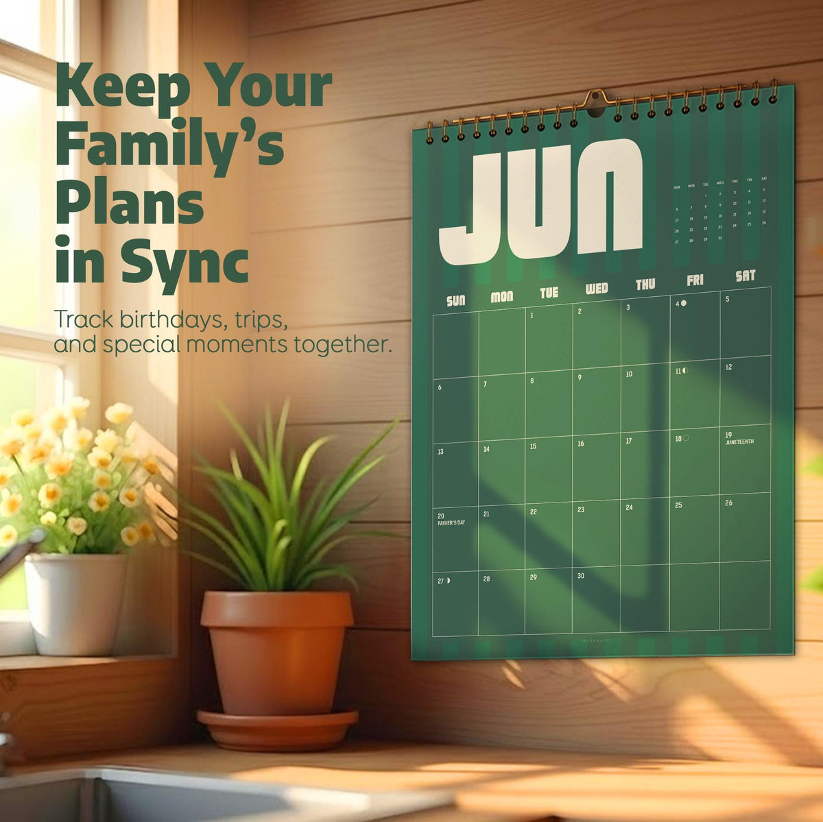 May include: A wall calendar with a dark green background and white text reading JUN, featuring a grid for the month with days of the week labeled from Sunday to Saturday. The calendar is displayed on a wooden wall next to a potted plant.