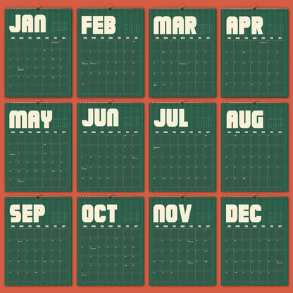 May include: A twelve-month wall calendar featuring dark green pages with white grid lines and bold, rounded white lettering for each month from January to December. Each page displays a standard seven-column grid for days of the week.