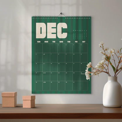 May include: A wall calendar for the month of December featuring a dark green background with vertical stripes, large cream-colored text reading DEC, and a grid layout with days of the week and dates, including the text CHRISTMAS DAY on the 25th.
