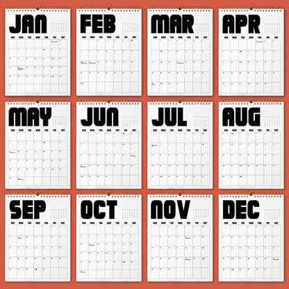 May include: A wall calendar featuring twelve white pages with black text for each month from January to December. Each page displays a grid for the days of the week, with bold, sans-serif month names at the top and a spiral binding at the center.