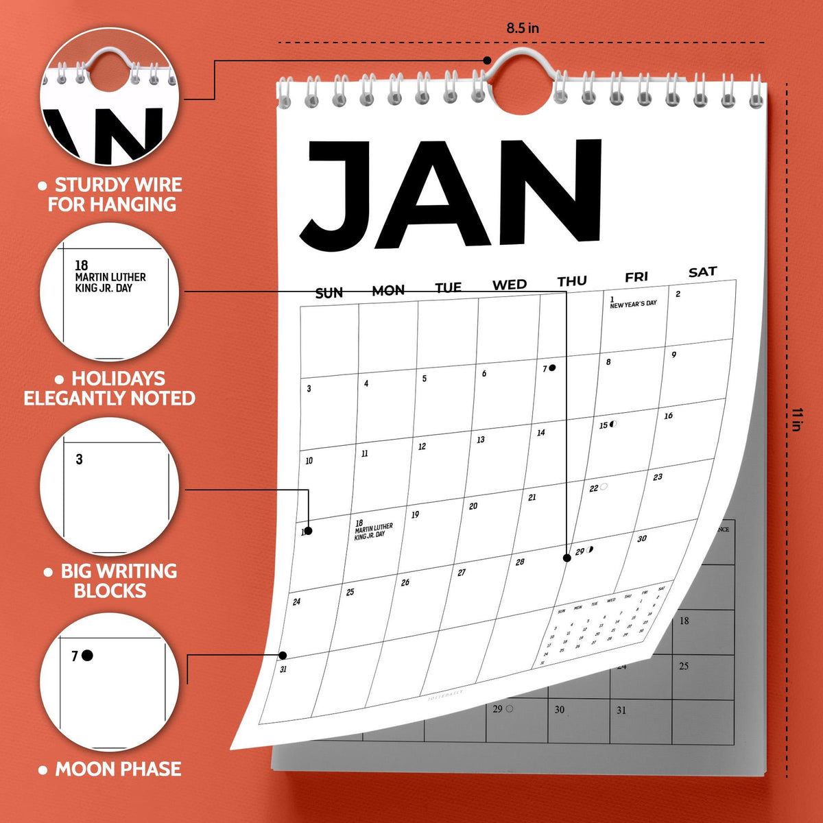 Black & White Wall Calendar 2027: Modern Bold Style | Monday or Sunday Start | Spiral Bound