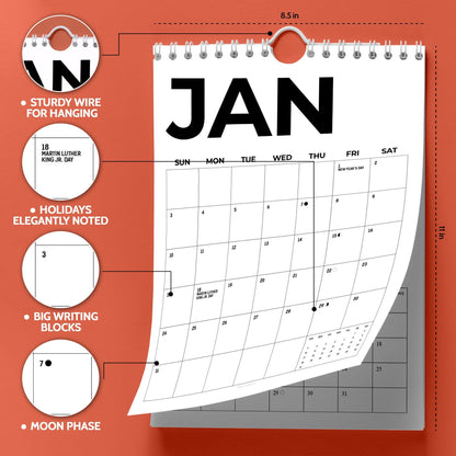 Black & White Wall Calendar 2027: Modern Bold Style | Monday or Sunday Start | Spiral Bound