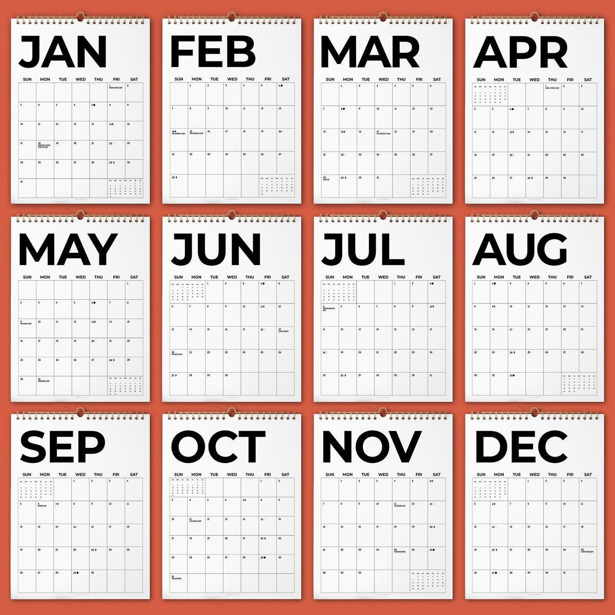 Black & White Wall Calendar 2027: Modern Bold Style | Monday or Sunday Start | Spiral Bound