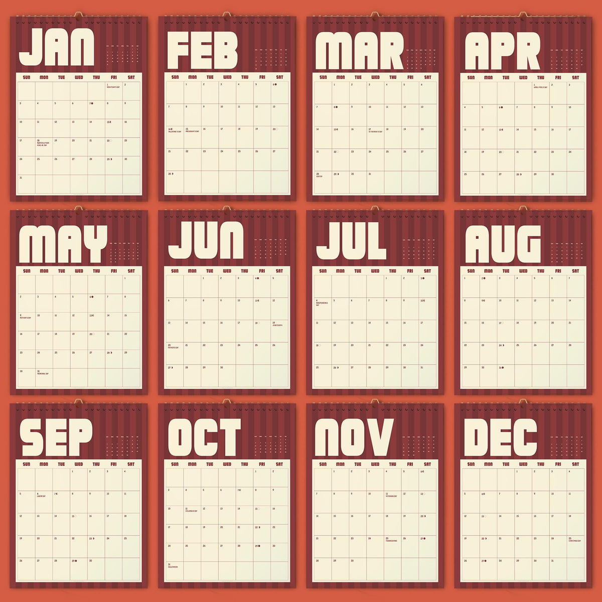 Burgundy & Cream Wall Calendar 2027: Bold Retro Style | Monday or Sunday Start | Spiral Bound