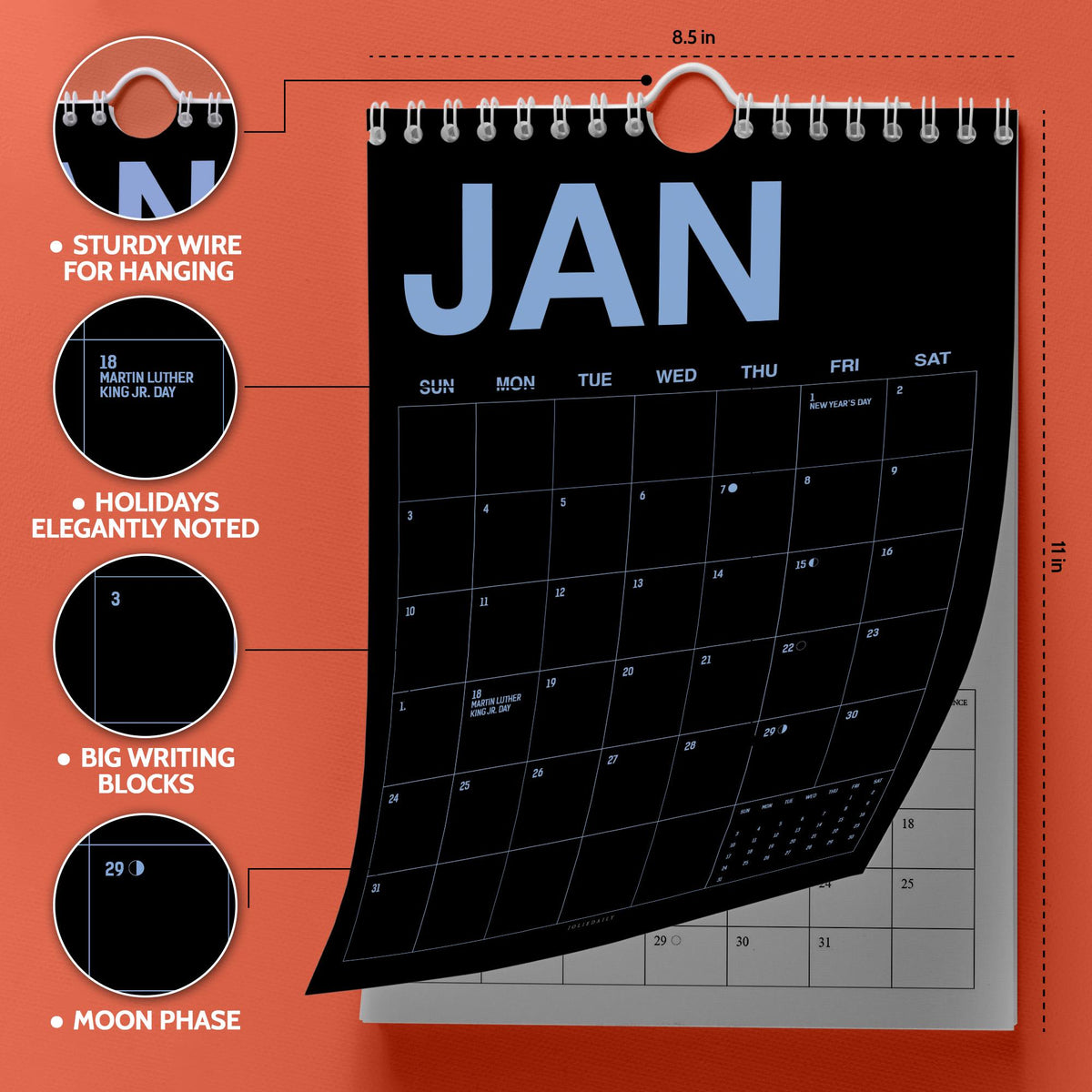 Black Wall Calendar 2027: Colorful Modern Style | Monday or Sunday Start | Spiral Bound