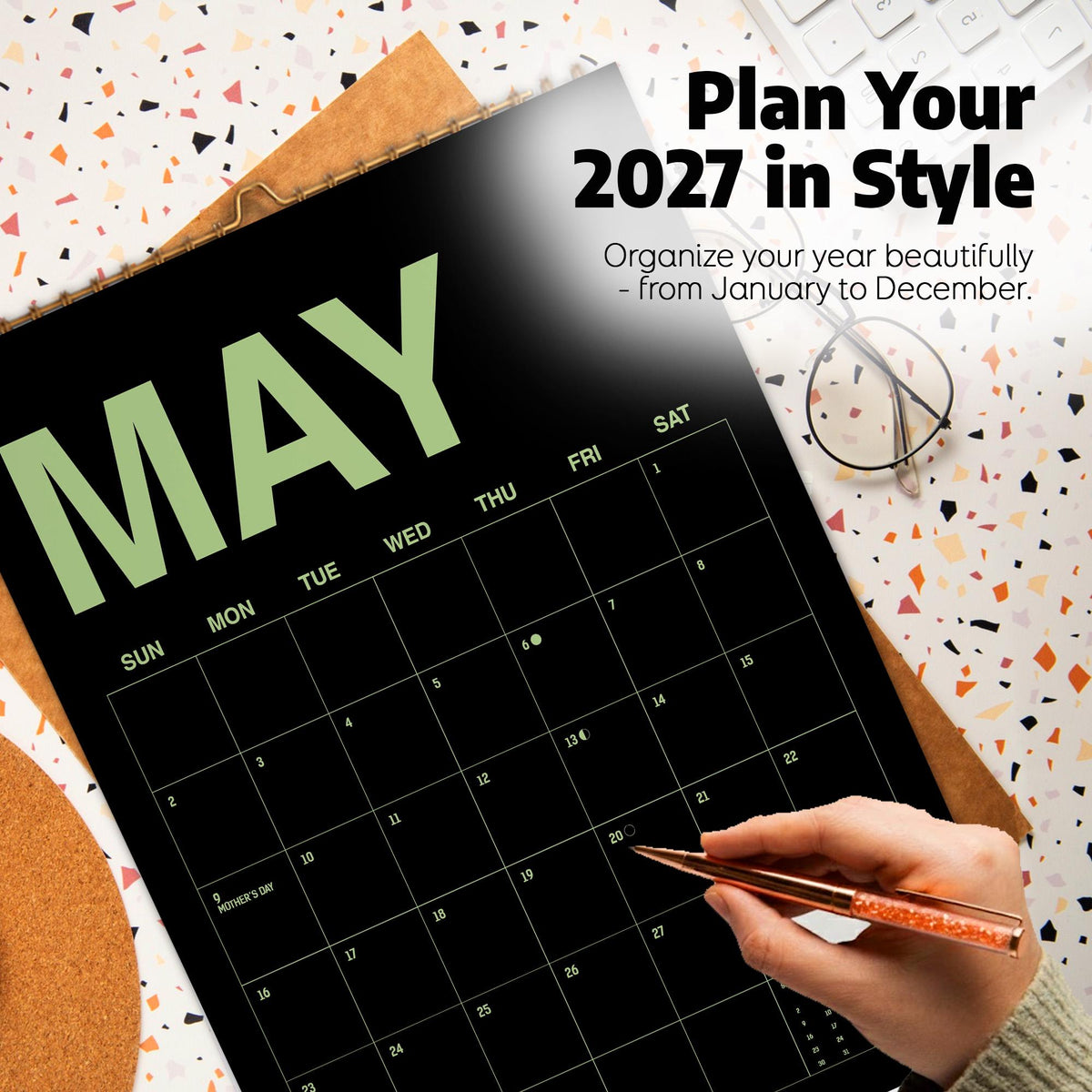 Black Wall Calendar 2027: Colorful Modern Style | Monday or Sunday Start | Spiral Bound