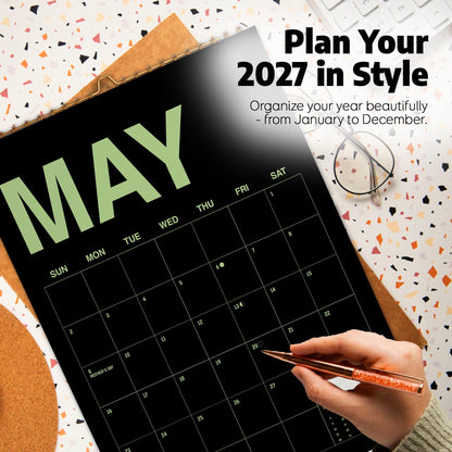 Black Wall Calendar 2027: Colorful Modern Style | Monday or Sunday Start | Spiral Bound