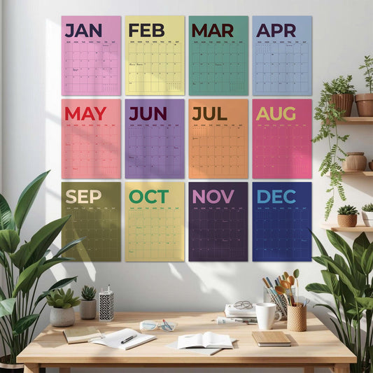 May include: A wall calendar set featuring twelve rectangular sheets, each representing a month from January to December in distinct colors including pink, yellow, green, blue, orange, and purple, with grid layouts and bold month headings.