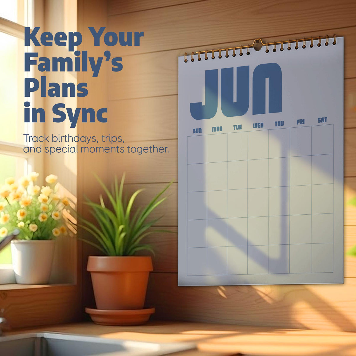 May include: A wall calendar with a white background and blue text reading JUN, featuring a grid for days of the week. The text Keep Your Family's Plans in Sync and Track birthdays, trips, and special moments together is printed on the left side.