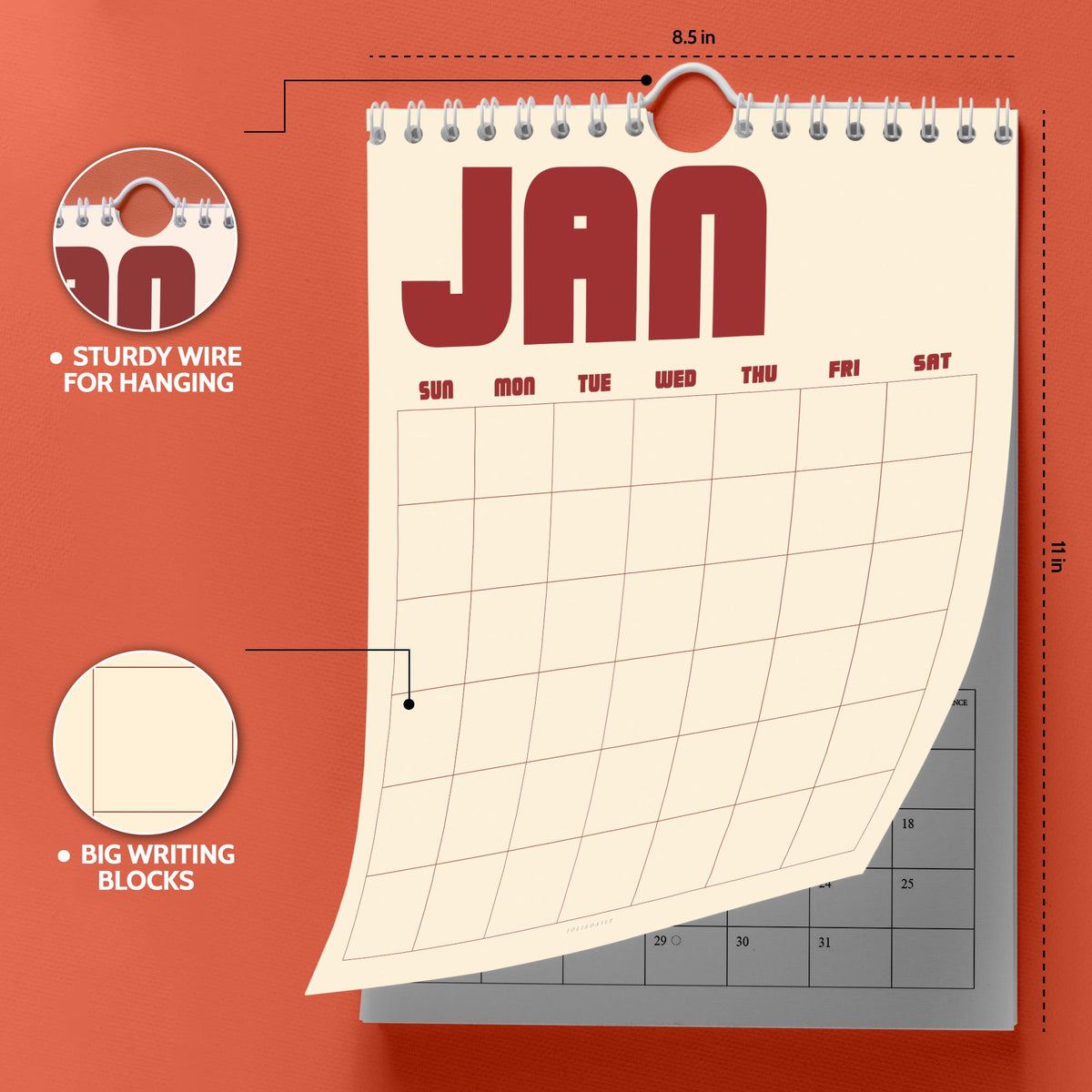 May include: A wall calendar measuring 8.5 inches by 11 inches with a cream-colored page showing the month of January in large red letters. It features a sturdy white wire binding for hanging and large grid blocks for writing daily notes.