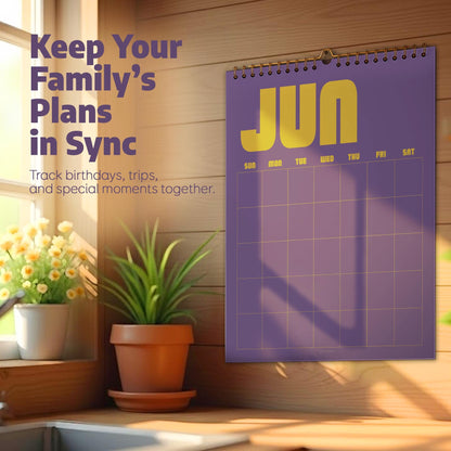 May include: A wall calendar with a purple background and yellow text reading JUN, featuring a grid for days of the week. The text Keep Your Family's Plans in Sync and Track birthdays, trips, and special moments together is printed on the left.