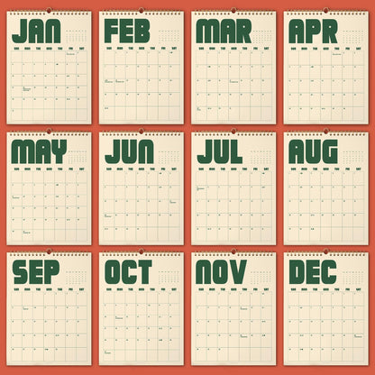 May include: A wall calendar featuring twelve individual pages, one for each month from January to December. Each page displays a large, bold, dark green month abbreviation at the top, followed by a grid of days with black text on a cream background.