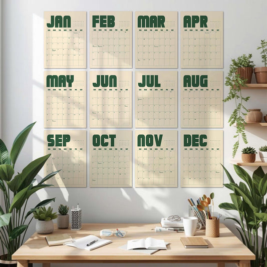 May include: A wall calendar set featuring twelve individual sheets, one for each month from January to December. Each sheet displays a grid for the days of the month with bold, dark green sans-serif lettering for the month name at the top.