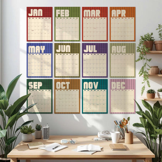 May include: A wall calendar featuring twelve rectangular monthly grids arranged in a four-by-three layout. Each month is labeled with bold, retro-style lettering at the top, set against a unique solid color background with subtle vertical stripes.