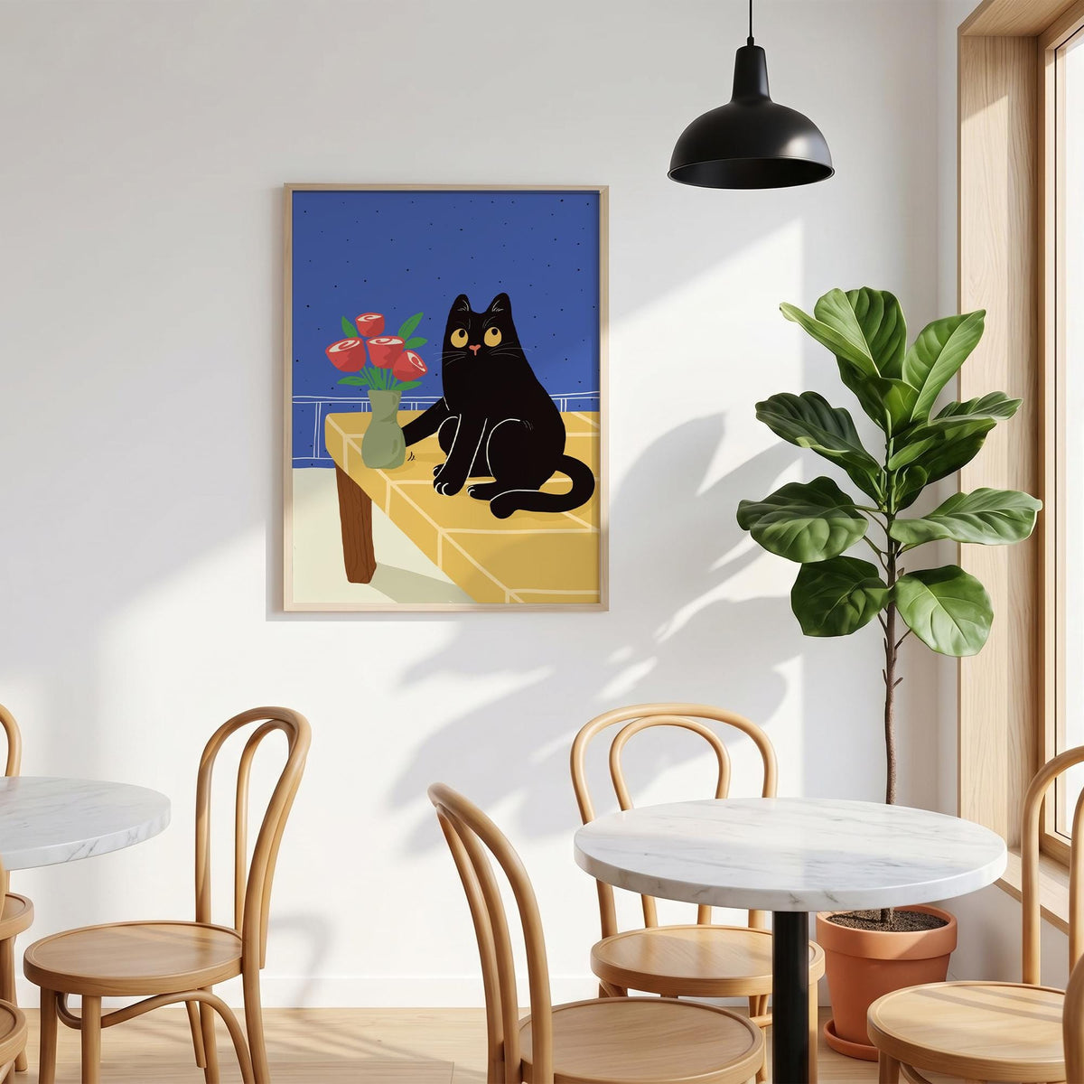May include: Framed art print featuring a black cat with yellow eyes sitting on a yellow table. A vase of red roses sits next to the cat. The background is a dark blue sky.